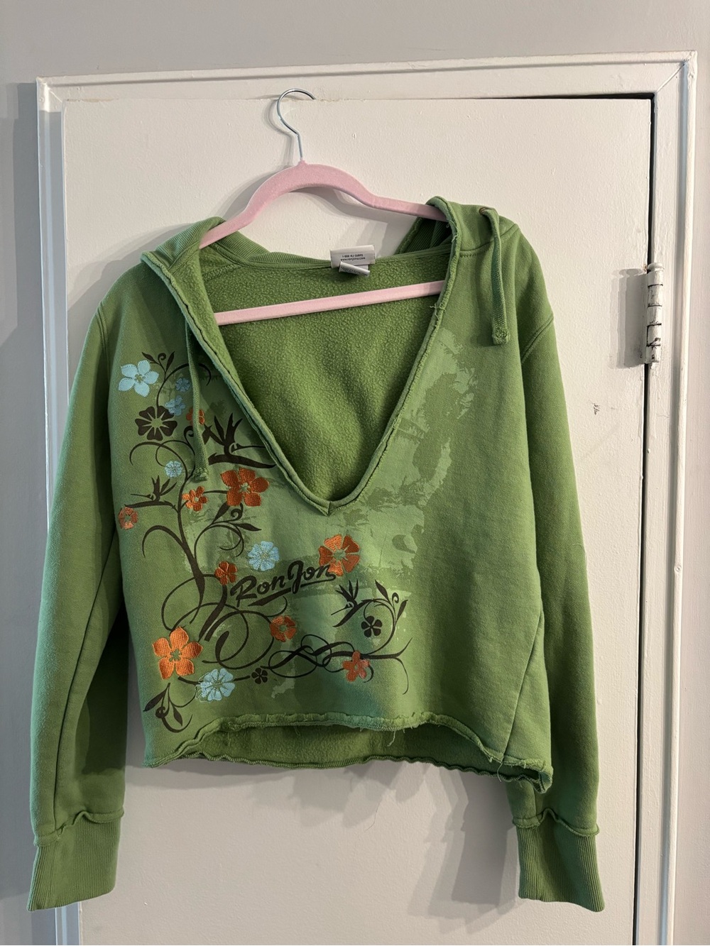 Ron Jon surf Green Floral V-Neck Cropped Hoodie Sweater w embroidery